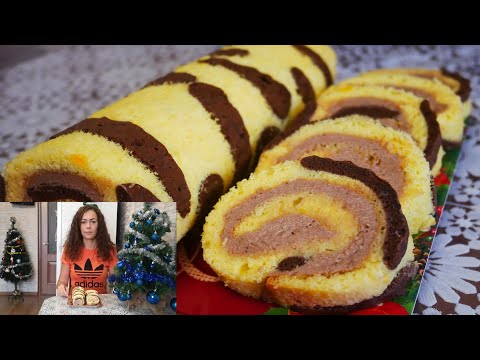 Тигровый бисквитный рулет с масляно шоколадным кремом красиво и вкусно! Проще некуда