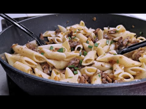 Куриные сердечки с макаронами 