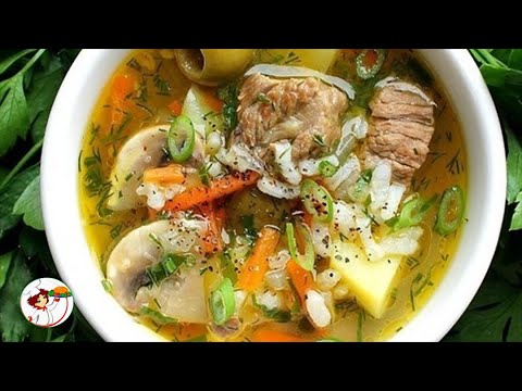 Мясной суп с шампиньонами и оливками