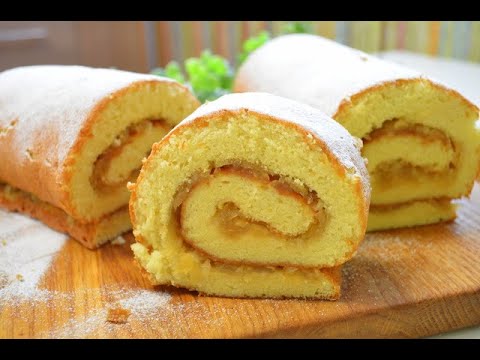 Самый вкусный бисквитный рулет с жаренными яблоками 